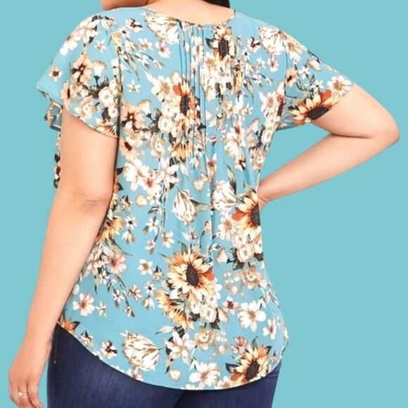  Torrid Plus Size Georgette Pintuck Blue Floral Sunflower Short Sleeves Blou - Picture 9 of 14
